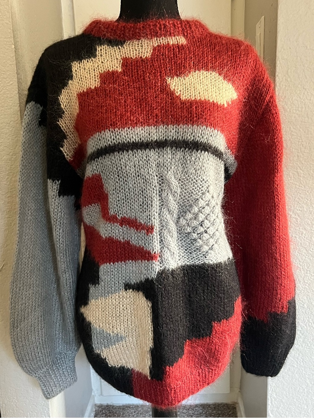 Nordstrom Abstract Colorblock Mohair-Blend Sweater in Red, Black, Gray, Cream